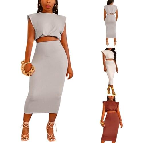 Fashion Women Sexy Two-piece Clothes Set Trendy Solid Color Cap Sleeve Tops and High Waist Skirt White/ Caramel/ Grey