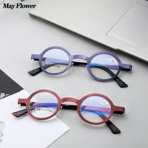 May Flower Small Metal Round Frame Reading Glasses Ladies Anti-Blue Presbyopic Eyewear Thin Farsighted Eyeglasses For Women +2.5