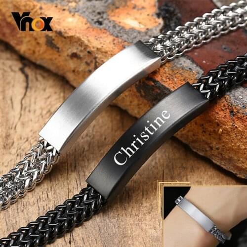 Vnox Customizable ID Bracelets for Men, Black Stainless Steel Foxtail Chain Bracelet, Casual Ideal Personalized Dad Husband Gift