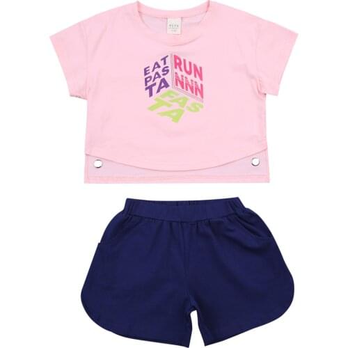 New Girl’s Short-sleeved and Shorts Set Personality Letter Round Neck T-shirt and Solid Color Short Pants Set