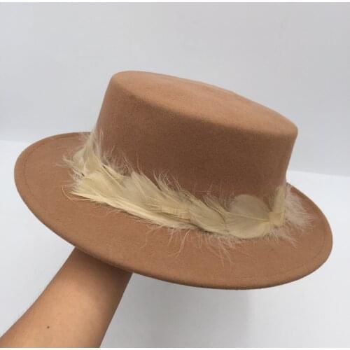 Autumn winter new natural wool feathers flat wide brim hat French elegant fashion