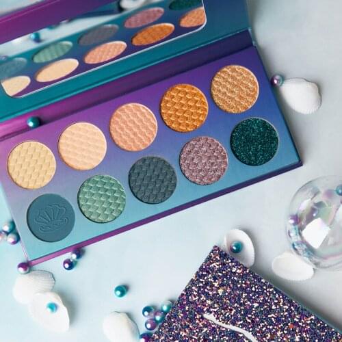 Fair&Ever 10 Color Mermaid Glitter Eyeshadow Pearl Light Big Color Palette Eye Shadow Waterproof and Lasting Make Up Cosmetics