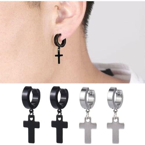 New Fashion Black Silver Color Earrings Spike Rivet Hoop Huggie Gothic Stainless Steel Cross Clip Men Womem Dangle Earrings Gift