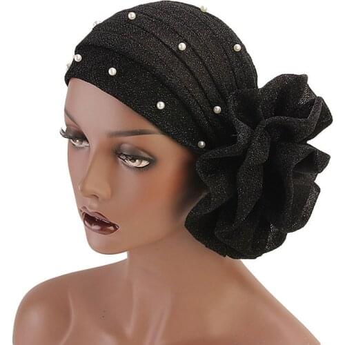 Women Beaded Glitter Muslim Turban Big Flowers Headband for Women Hair Lose Cap Head Wraps Hair Accessories