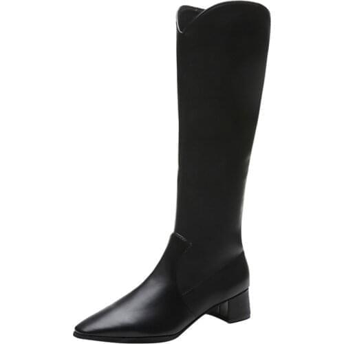 Womens Retro Square Heel Pointed Toe Zipper High Heel Mid Cowboy Boots Shoes Autumn Winter Solid Color PU Leather Boots Botas