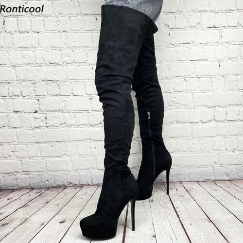 Ronticool Handmade Women Winter Platform Thigh Boots Side Zipper Stiletto Heels Round Toe Elegant Black Dress Shoes Us Size 5-20
