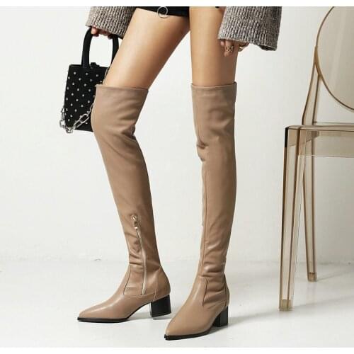 Female Slim Sexy Over the Knee Boots Autumn Winter Fashion Zipper Long Boots Ladies Comfortable Thick Heel Womens Shoes 34-47