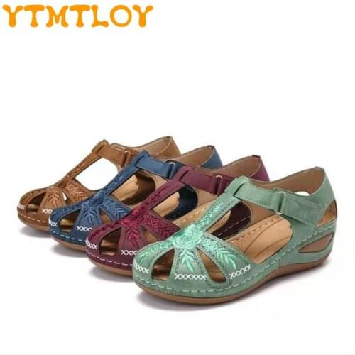 35-43 Large Size Cross-border Hot Wind Womens Embroidered Sandals, Soft Bottom Velcro, Beach Non-slip Slope Heel Hole Shoes
