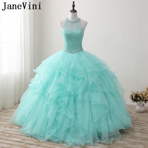 JaneVini Elegant Mint Green Quinceanera Dresses Plus Size Ball Gown O-Neck Beaded Backless Organza Floor Length Sweet 16 Dresses