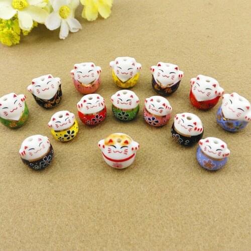 10/20pcs 15mm No duplicate Maneki Neko Fortune Cat Flower Lucky Cat DIY Beads Jewelry