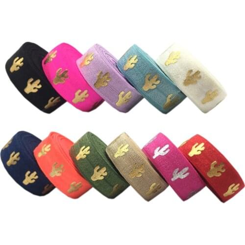 10yard 15mm Gold Foil Tropical Cactus Print Fold Over Elastic Ribbon For Sewing Hair Tie Strap Backpack Decoration Accessories