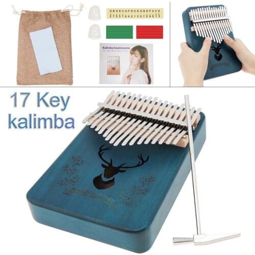 17 Keys Kalimba Elk Sound Hole Blue Thumb Piano Mahogany with Tuning Hammer Storage Bag for Beginner / Professional Performance