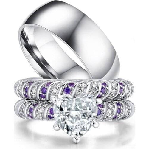 2020 Romantic Couple Ring Simple Stainless Steel Mens Ring Fashion Zircon Heart Womens Ring Sets Wedding Bands Silver Color