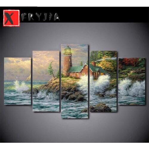 5pcs,5D Full Square Diamond Painting Cross Stitch Seaside,Waves,lighthouse scenery diamond Embroidery Painting Mosaic home Decor