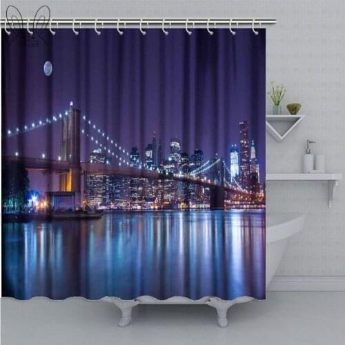 Aplysia New York Citys Brooklyn Bridge Manhattan Skyline Illuminated at Night Full Moon Overhead Art Bathroom Shower Curtain