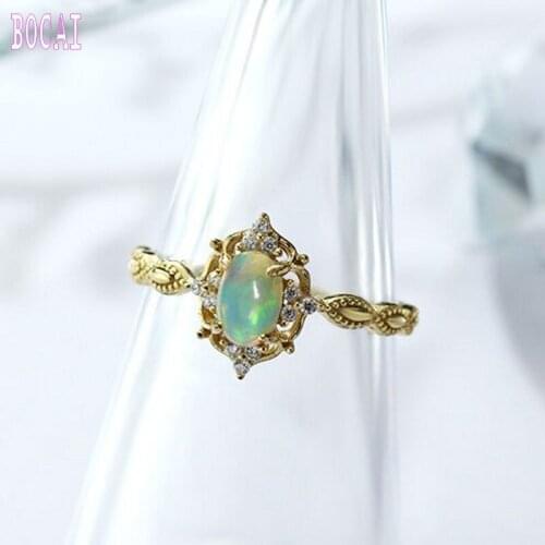 BOCAI New real s925 sterling silver jewelry court retro natural stone ring new woman silver ring