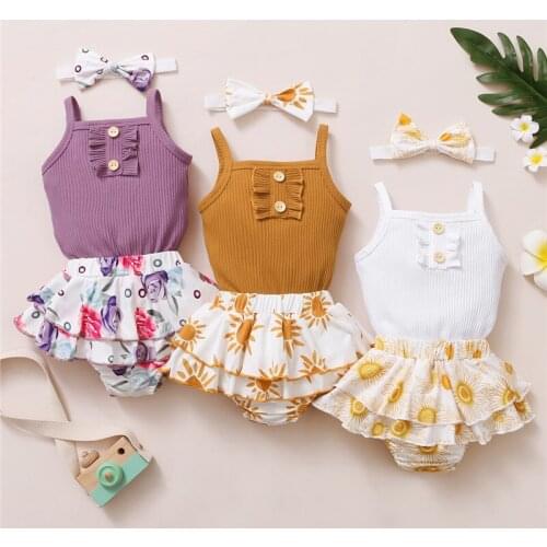 Summer Newborn Baby Girl Clothes Sets Sleeveless Button Ribbed Knitted Bodysuits+Floral Layered Shorts+Headband Toddler Outfits
