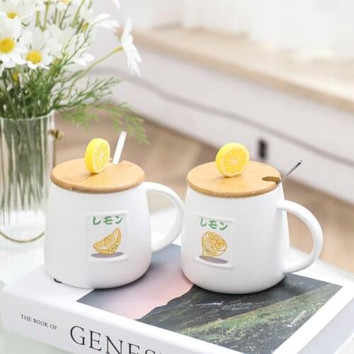 Fruit lemon ceramic cup with Wooden lid metal spoon 400ml cup creative beverage coffee Mug tea cup Simplicity gift milk cup