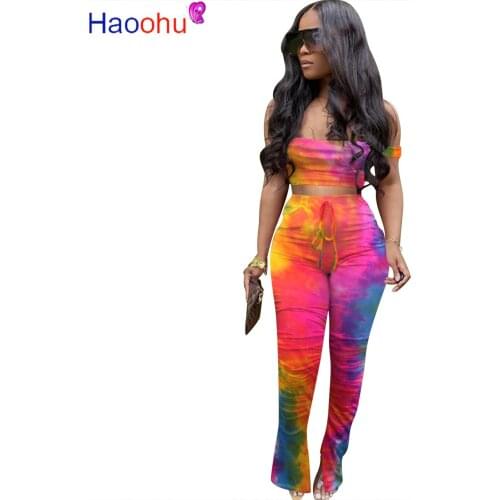 HAOOHU Sexy Tie Dye Print Bodycon Two Piece Set Women Off Shoulder Crop Top Flare Split Pant Fitness Matching Sets Club Outfits