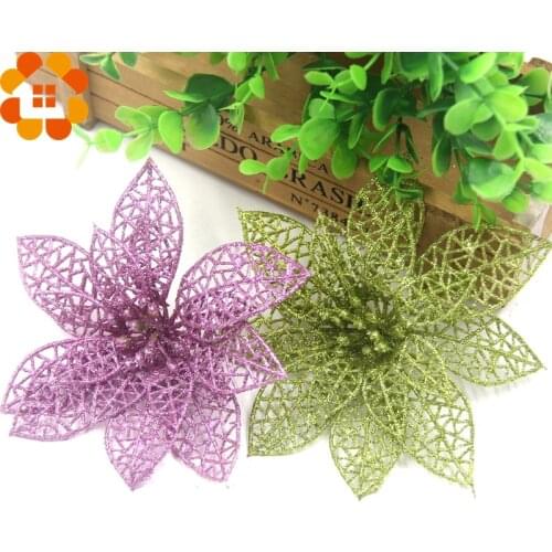 Hot!3PCS/Lot Christmas Glitter Hollow Artificial Flowers For Xmas Tree Ornament Home Decor Christmas Party Supplies