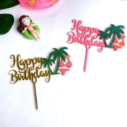 Summer beach birthday Cake Topper Pink gold acrylic happy birthday cake flags dessert decoration Boy girl Party Baking Supplies
