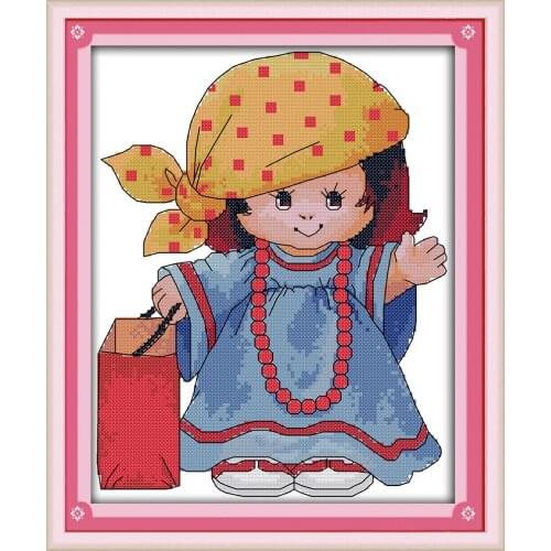 The little girl with headscarves cross stitch fabric kit 14ct canvas sett cute fashion baby picture DIY handmade needlework plus