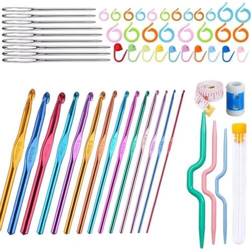 Imzay 59 Pcs Crochet Needle Accessories Kit 0.07 inch-0.39 inch Aluminum Crochet Hooks, Marking Clips Tools Set