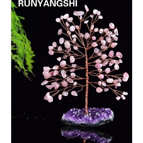 Natural amethyst cluster gemstone crystal lucky tree reiki healing rough rose gemstone provide energy as for gift fengshui