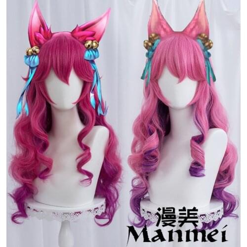 Spirit Blossom Ahri Cosplay LOL Cosplay Women 70cm Long Curly Wave Wig Cosplay Anime Heat Resistant Synthetic Wigs Halloween
