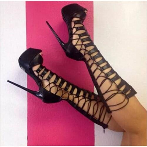 Hottest Women Sexy Knee High Black Leather Gladiator Boots Open Toe Straps Design High Platform Boots High Heel Boots Dress Shoe