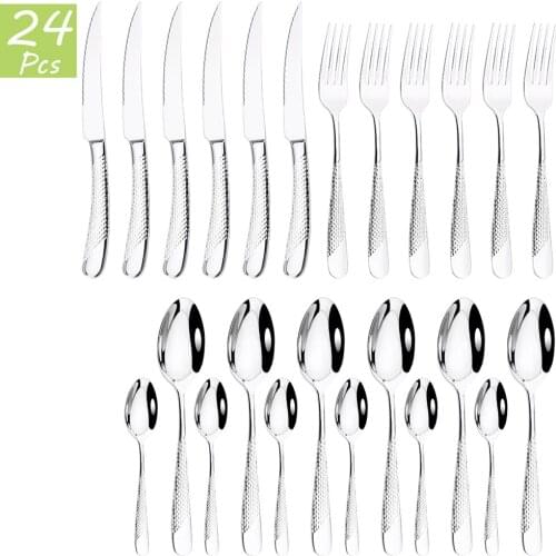 6Set Silver Dinnerware Set 18/10 Stainless Steel Dinner Cutlery Set Knives Fork Spoon Kitchen Tableware Silverware Dropshipping