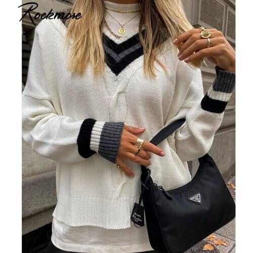 Rockmore V Neck Loose Women Sweaters Long Sleeve Pull Femme Oversized Jumper Knitted Sweater Pullover Winter Casual Korean 2020