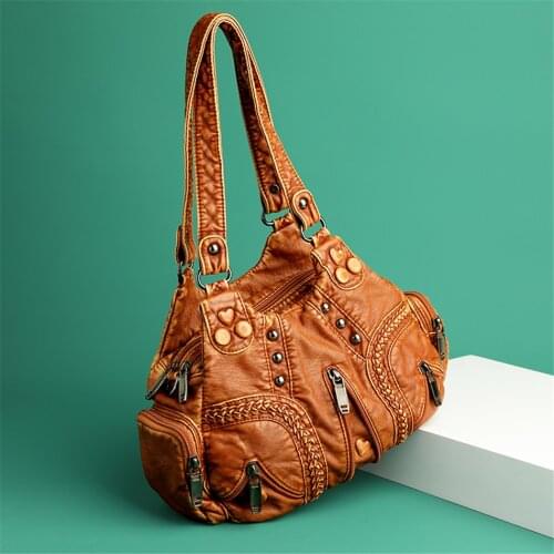 Vintage Soft PU Leather Shoulder Bag Women Large Capacity Handbag Fashion Crossbody Bag Stitching Color Handle Bag sac