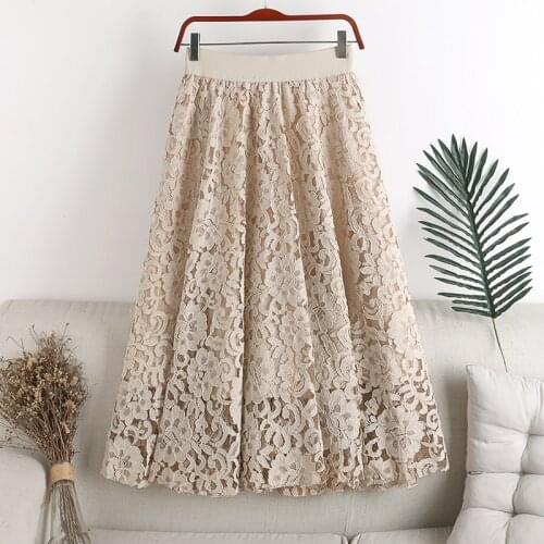 2020 autumn and winter new retro style Fashion Long Lace Openwork Skirt Lady Dating Clothes Pleated Free Size Tulle Maxi Skirts