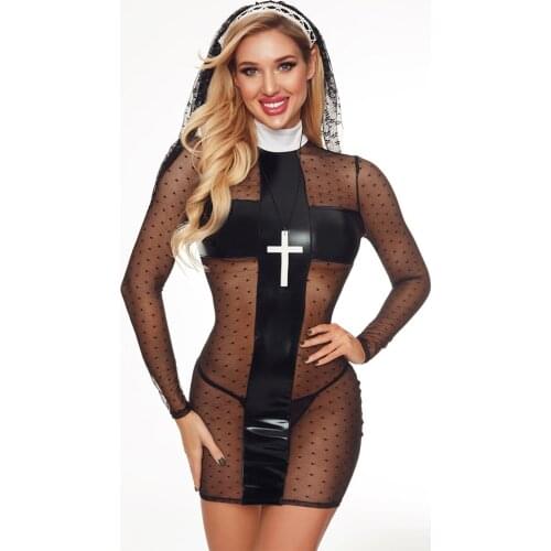 Women Role Play Sexy Nun Uniform Black See-Through Cosplay Set Dance Costume