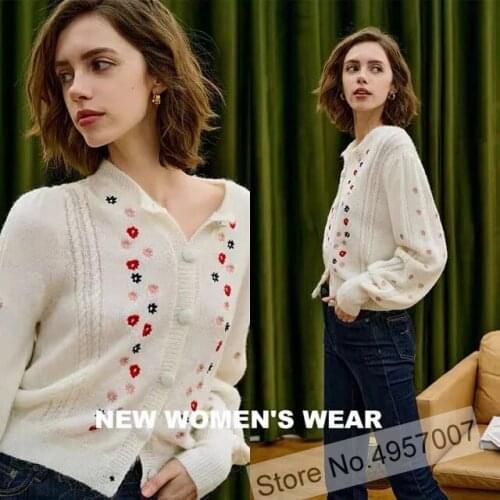 Women Round Neckline Puff Sleeve Wool Blend Flower Embroidery Knitted Cardigan Jumper Top