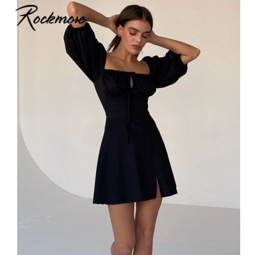 Rockmore Elegant Bare Shoulders Mini Dress Evening Party Dresses French Short Sleeve Split Dress Korean Summer Womens Clothing