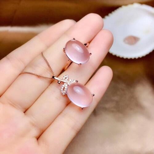 100% Real Natural Rose Quartz Jewelry set Natural And Real Rose Quartz Set 925 sterling silver 1pc ring,1pc Pendant