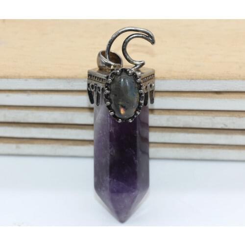 100-Unique Silver Plated Moon Natural Amethysts Hexagon Prism Pendulum Pendant Oval Labradorite Stone Amulet Jewelry