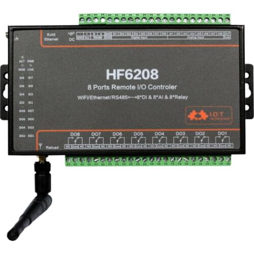 HF6208 8CH remote I/O controller RS485 Ethernet WiFi to 8 Digital input Output analog input Support TCP/IP/Telnet /Modbus TCP