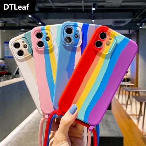 Lanyard Liquid Silicone Phone Case For iPhone 12 Pro Max XS X XR SE Rainbow Shockproof Case For iPhone 11 Pro Max 6 6S 7 8 Plus