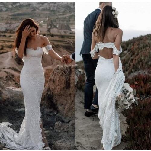 Elegant Bohemian Lace Wedding Dresses Backless Boho Slit Wedding Gowns Off Shoulder Bridal Dress Plus Size Vestidos De Noiva