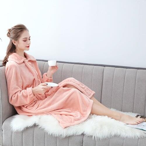 Super Warm Flannel Robe Kimono Women Autumn Winter Thicken Lengthen Bathrobe Female Bride Fashion Buttons Pocket Nightie Dresses