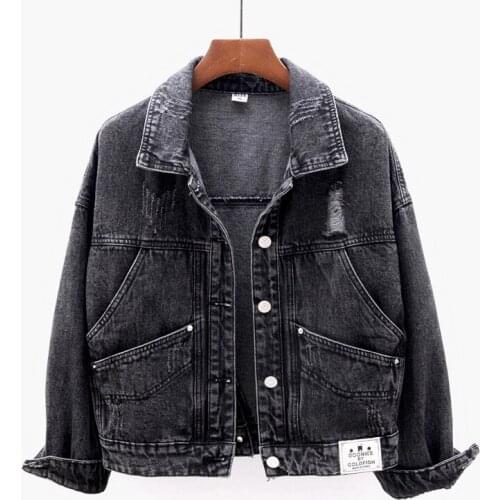 Vintage Big Pocket Frayed Black Denim Jacket Coat Women Outerwear Spring Autumn Korean Big size Loose Short Jeans Jacket Female