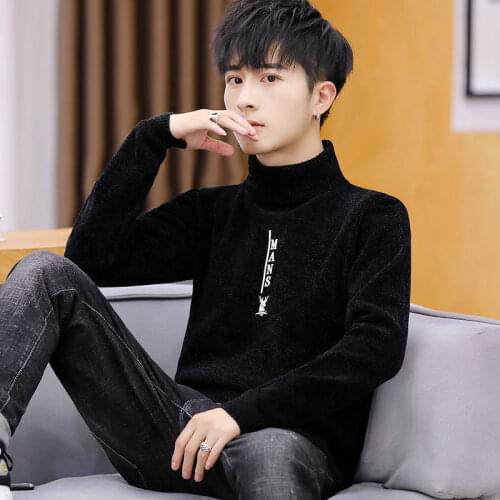 Mens sweater Korean version of the rip-collar knit sweater mens sweater plus plus thick trend line coat high-neck sweater