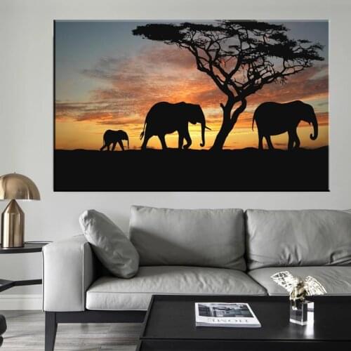Sunset Wall Decor Animal Art Elephants Canvas Painting Wall Art Posters Prints Wall Pictures for Living Room Home Wall Cuadros