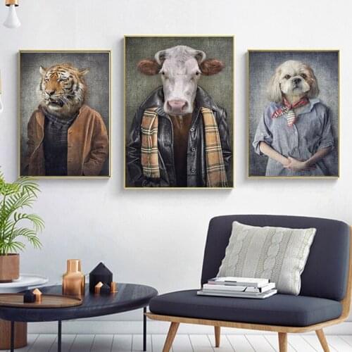 Nordic Vintage Art Animals In Human Clothes Tiger In Suit Canvas Paintings Art Posters and Prints Wall Art Pictures Home Decor