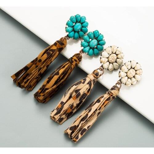 New Arrivals White Turquoise Stone Flower Big Leopard Tassels Stud Earrings For Women Girls Fashion Jewelry