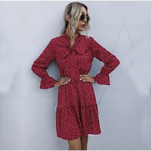 Spring Autumn Fashion Women Chiffon Dress Tie Neck Bow Long Sleeve Puffle Polk Dot Elegant Office School Woman Dresses vestidos