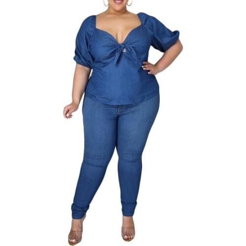 XL-5XL Denim Shirt Top Large Size Womens Square Collar Short Sleeve Collocation Bandage Fashion All-match Shirt Top 2021 New